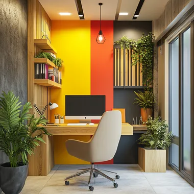 a small modern office interior with vibrant colors using different materials, textures, some indoor plants and natural light