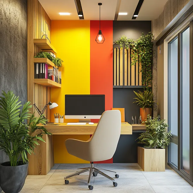 Small Modern Office Interior with Desk, Chair, and Indoor Plants