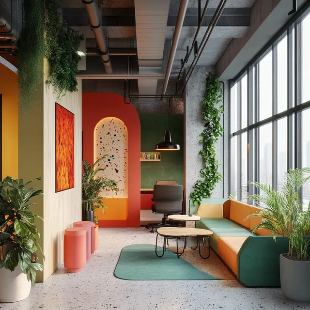 Modern small office interior with vibrant colors, plants, and natural light