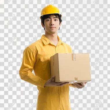 factory worker standing side and holding a box against white background --s 50