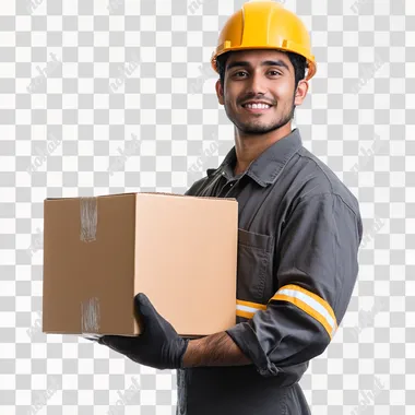 factory worker standing side and holding a box against white background --s 50