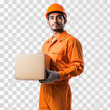 factory worker standing side and holding a box against white background --s 50