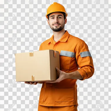 factory worker standing side and holding a box against white background --s 50
