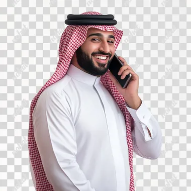 saudi man stand making a phone call happy isolated