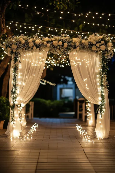 The wedding decorations were beautiful at night, the arch was made of white fabric and flowers, and the arch was surrounded by warm white LED fairy lights. This photo was taken at night using a Canon EOS R6 camera and a 24-70mm f/2.8 lens.