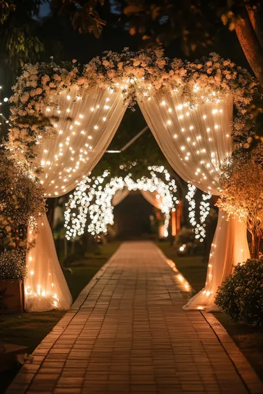 The wedding decorations were beautiful at night, the arch was made of white fabric and flowers, and the arch was surrounded by warm white LED fairy lights. This photo was taken at night using a Canon EOS R6 camera and a 24-70mm f/2.8 lens.
