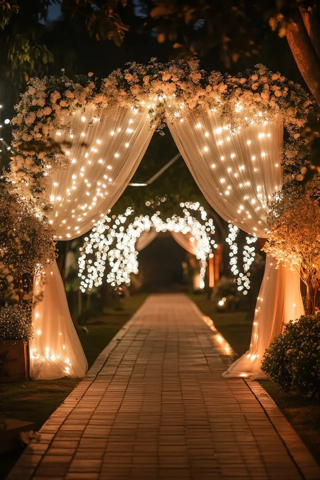 Enchanting Nighttime Wedding Arch with Fairy Lights and Flowers
