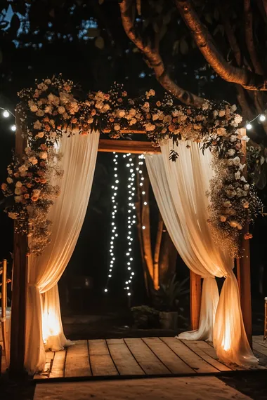 The wedding decorations were beautiful at night, the arch was made of white fabric and flowers, and the arch was surrounded by warm white LED fairy lights. This photo was taken at night using a Canon EOS R6 camera and a 24-70mm f/2.8 lens.