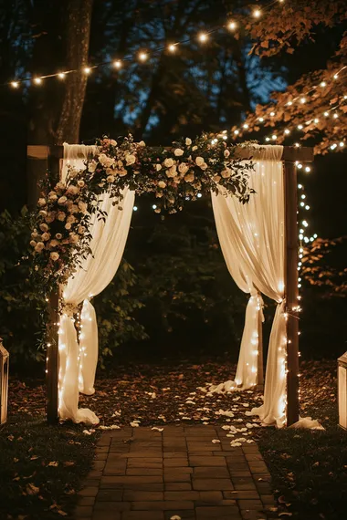 The wedding decorations were beautiful at night, the arch was made of white fabric and flowers, and the arch was surrounded by warm white LED fairy lights. This photo was taken at night using a Canon EOS R6 camera and a 24-70mm f/2.8 lens.