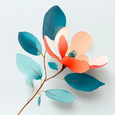 an image of a coral colored magnolia flower, teal leaves with aqua accents, watercolor technique rofile 4ib178w