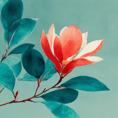 an image of a coral colored magnolia flower, teal leaves with aqua accents, watercolor technique rofile 4ib178w