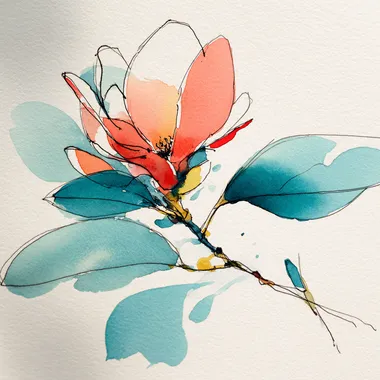 an image of a coral colored magnolia flower, teal leaves with aqua accents, watercolor technique rofile 4ib178w