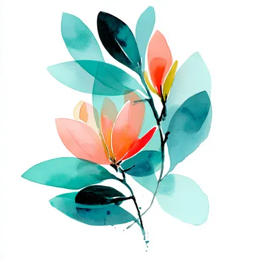 an image of a coral colored magnolia flower, teal leaves with aqua accents, watercolor technique rofile 4ib178w