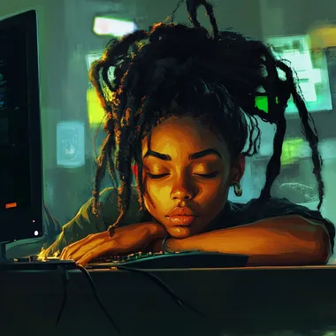a beautiful black woman with locs, slouching horribly at the computer desk, facing the computer screen, very bad posture, looking tired and defeated