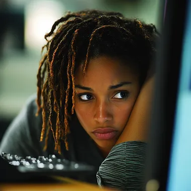a beautiful black woman with locs, slouching horribly at the computer desk, facing the computer screen, very bad posture, looking tired and defeated