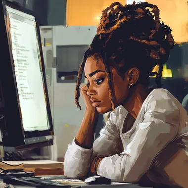 a beautiful black woman with locs, slouching horribly at the computer desk, facing the computer screen, very bad posture, looking tired and defeated