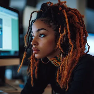 a beautiful black woman with locs, slouching horribly at the computer desk, facing the computer screen, very bad posture, looking tired and defeated