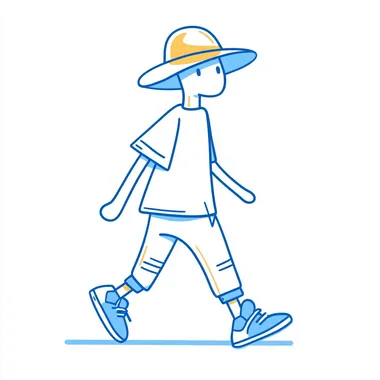 A simple blue line drawing of an 1990s raver guy with bucket hat and sneakers character with white background, walking and wearing bucket hat, doodle style, minimalist design, bold lines and shapes, simple details, blue color tone, simple flat illustration, logo icon. White backgrounnd. Emphasize simplicity in shape yet clarity in form. A whimsical cartoon character design.