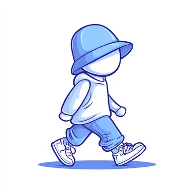 A simple blue line drawing of an 1990s raver guy with bucket hat and sneakers character with white background, walking and wearing bucket hat, doodle style, minimalist design, bold lines and shapes, simple details, blue color tone, simple flat illustration, logo icon. White backgrounnd. Emphasize simplicity in shape yet clarity in form. A whimsical cartoon character design.