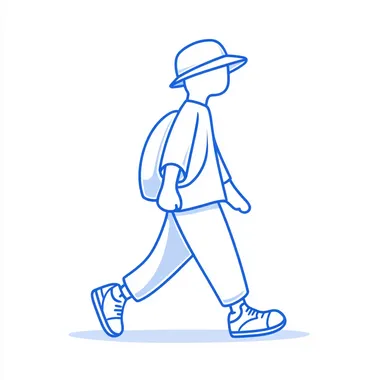 A simple blue line drawing of an 1990s raver guy with bucket hat and sneakers character with white background, walking and wearing bucket hat, doodle style, minimalist design, bold lines and shapes, simple details, blue color tone, simple flat illustration, logo icon. White backgrounnd. Emphasize simplicity in shape yet clarity in form. A whimsical cartoon character design.