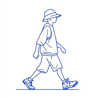 A simple blue line drawing of an 1990s raver guy with bucket hat and sneakers character with white background, walking and wearing bucket hat, doodle style, minimalist design, bold lines and shapes, simple details, blue color tone, simple flat illustration, logo icon. White backgrounnd. Emphasize simplicity in shape yet clarity in form. A whimsical cartoon character design.