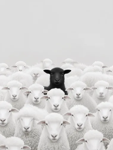 highly detailed image of a A massive herd of white sheep, with one black lamb standing out in the middle, surreal photography, highly detailed, dramatic   rofile 8jhc2ny