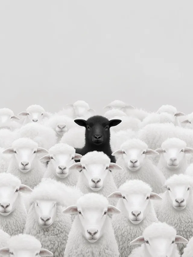 Surreal Contrast: A Black Lamb Amongst a Sea of White Sheep
