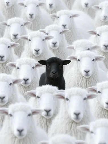 highly detailed image of a A massive herd of white sheep, with one black lamb standing out in the middle, surreal photography, highly detailed, dramatic   rofile 8jhc2ny