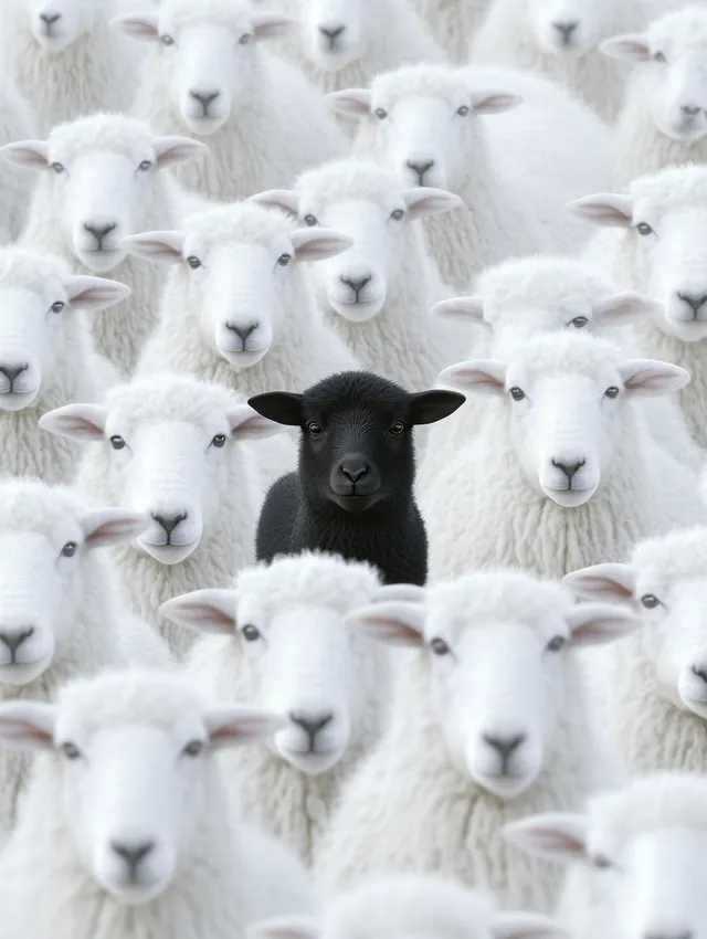 Surreal Contrast: A Black Lamb Among a Sea of White Sheep