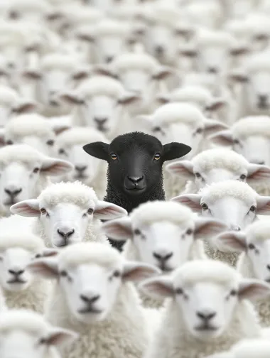 highly detailed image of a A massive herd of white sheep, with one black lamb standing out in the middle, surreal photography, highly detailed, dramatic   rofile 8jhc2ny