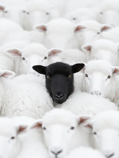highly detailed image of a A massive herd of white sheep, with one black lamb standing out in the middle, surreal photography, highly detailed, dramatic   rofile 8jhc2ny