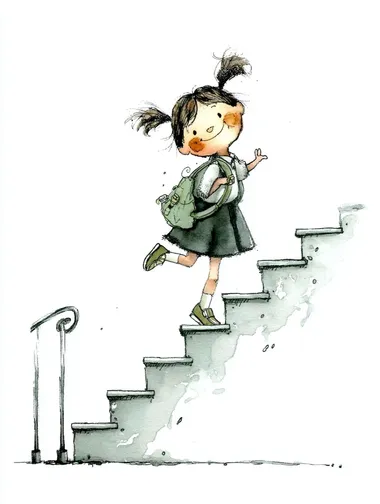 A little girl with twin ponytails, wearing a white shirt, dark pleated skirt, and a backpack, is happily running up a staircase with a black handrail. She lifts one foot off the ground mid-run, with her arms swinging naturally and a smile on her face. The stairs are angled and simple, with light structural shading. The scene is dynamic and joyful. The illustration is in pen and soft watercolor style, with black ink outlines, minimal color, white background, in the style of a children's picture book.  --oref     --raw