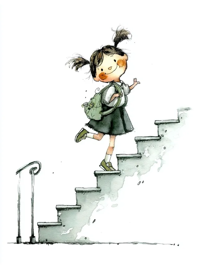 Joyful Little Girl Running Up Stairs