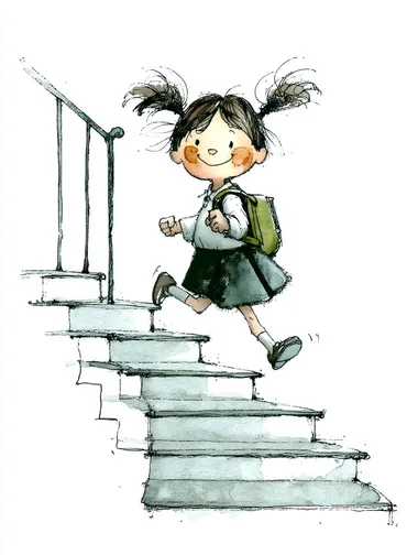 A little girl with twin ponytails, wearing a white shirt, dark pleated skirt, and a backpack, is happily running up a staircase with a black handrail. She lifts one foot off the ground mid-run, with her arms swinging naturally and a smile on her face. The stairs are angled and simple, with light structural shading. The scene is dynamic and joyful. The illustration is in pen and soft watercolor style, with black ink outlines, minimal color, white background, in the style of a children's picture book.  --oref     --raw