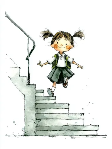 A little girl with twin ponytails, wearing a white shirt, dark pleated skirt, and a backpack, is happily running up a staircase with a black handrail. She lifts one foot off the ground mid-run, with her arms swinging naturally and a smile on her face. The stairs are angled and simple, with light structural shading. The scene is dynamic and joyful. The illustration is in pen and soft watercolor style, with black ink outlines, minimal color, white background, in the style of a children's picture book.  --oref     --raw
