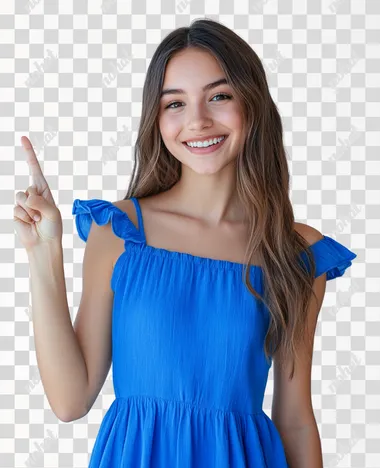 An Instagram model, Greek girl, pointing her finger to the left and smiling happily at the camera, front view. Wearing blue dress standing in front of white background, studio shot stock photo, summer sunshine, details