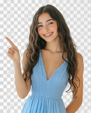 An Instagram model, Greek girl, pointing her finger to the left and smiling happily at the camera, front view. Wearing blue dress standing in front of white background, studio shot stock photo, summer sunshine, details