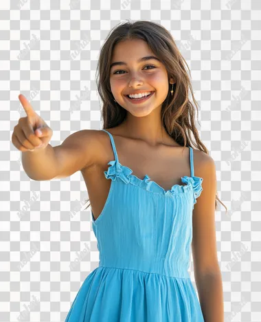 An Instagram model, Greek girl, pointing her finger to the left and smiling happily at the camera, front view. Wearing blue dress standing in front of white background, studio shot stock photo, summer sunshine, details