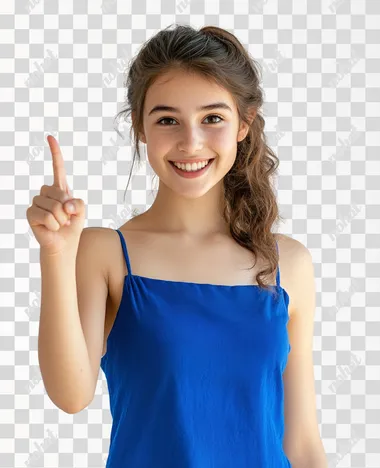An Instagram model, Greek girl, pointing her finger to the left and smiling happily at the camera, front view. Wearing blue dress standing in front of white background, studio shot stock photo, summer sunshine, details