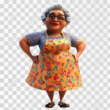an illustration of an african american 45 years old grandma,ms,baker,wearing dress,standing,full body,3d,pixar style
