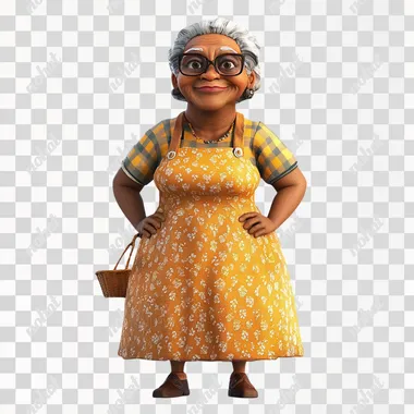 an illustration of an african american 45 years old grandma,ms,baker,wearing dress,standing,full body,3d,pixar style