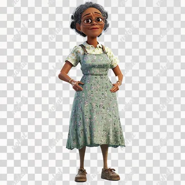an illustration of an african american 45 years old grandma,ms,baker,wearing dress,standing,full body,3d,pixar style