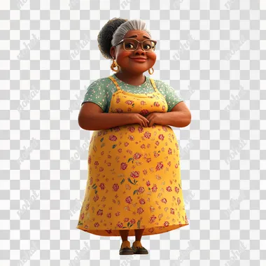 an illustration of an african american 45 years old grandma,ms,baker,wearing dress,standing,full body,3d,pixar style