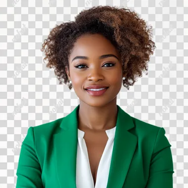 afro-descendant woman talking about information security, smiling slightly, woman in green suit with white blouse, white background, looking at camera