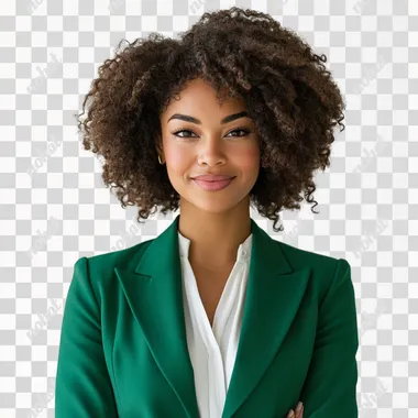 afro-descendant woman talking about information security, smiling slightly, woman in green suit with white blouse, white background, looking at camera