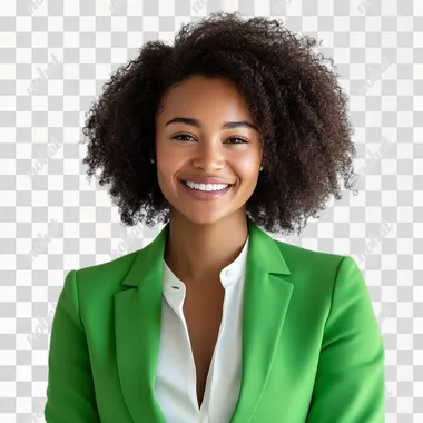 afro-descendant woman talking about information security, smiling slightly, woman in green suit with white blouse, white background, looking at camera