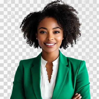 afro-descendant woman talking about information security, smiling slightly, woman in green suit with white blouse, white background, looking at camera