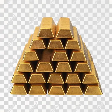 A pyramid of stacked gold bars on a white background, viewed from the front.   drawing, BW photo