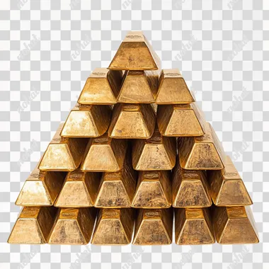 A pyramid of stacked gold bars on a white background, viewed from the front.   drawing, BW photo