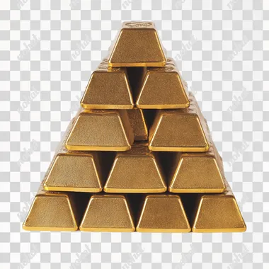 A pyramid of stacked gold bars on a white background, viewed from the front.   drawing, BW photo